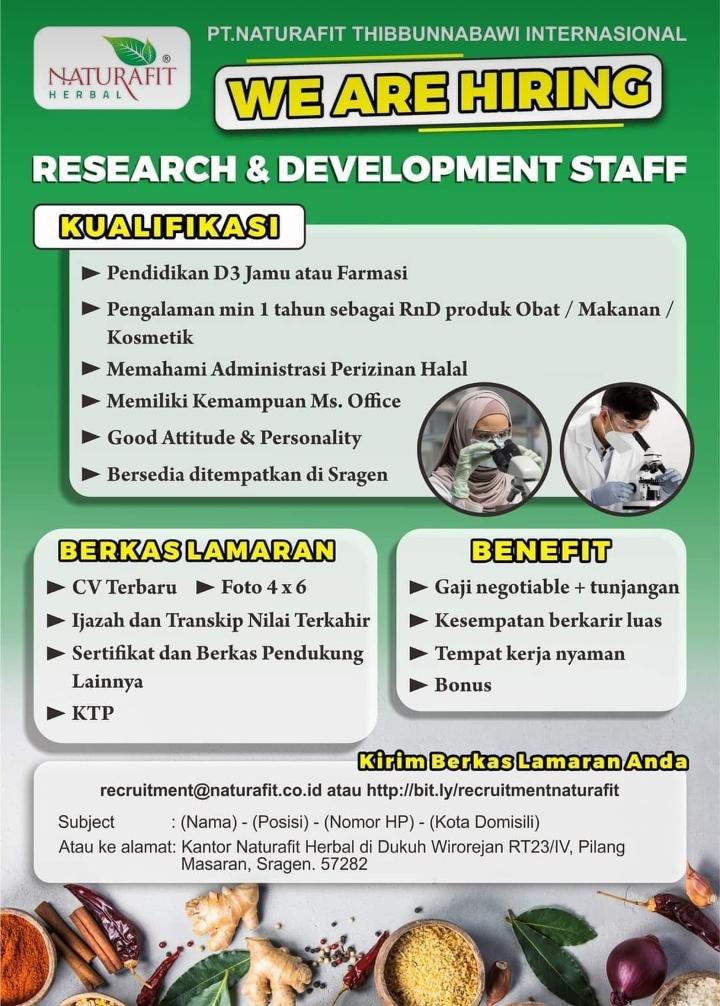 Lowongan Kerja R&D PT.Naturafit Thibunnabawi Internasional